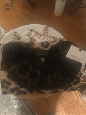 Red Leopard Print Chain-Handle Key & Card Holder with Black Tulle Bow